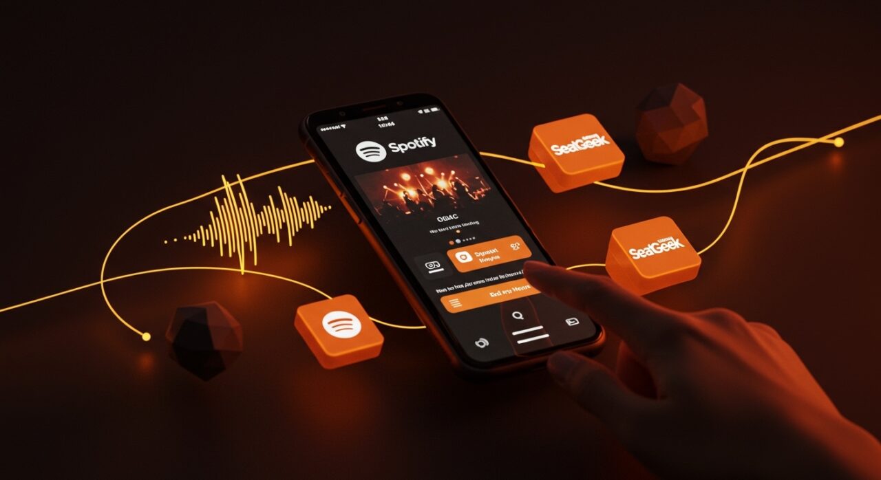 Integración de venta de entradas en streaming en Spotify y SeatGeek mostrando la innovación en experiencia de usuario y partnerships tecnológicos.