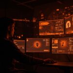 Fundador de startup tech monitoreando amenazas de ciberseguridad y spyware Intellexa Predator en un entorno digital oscuro y tecnológico.