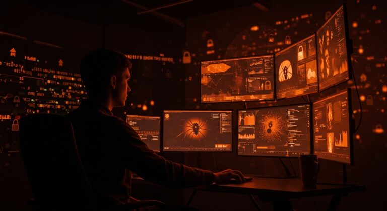 Fundador de startup tech monitoreando amenazas de ciberseguridad y spyware Intellexa Predator en un entorno digital oscuro y tecnológico.