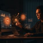 Customer Success Engineer en IA trabajando remotamente con interfaces holográficas, simbolizando migración de datos y tecnología startup de Stardex y Y Combinator.