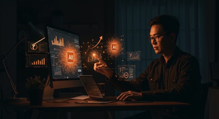 Customer Success Engineer en IA trabajando remotamente con interfaces holográficas, simbolizando migración de datos y tecnología startup de Stardex y Y Combinator.