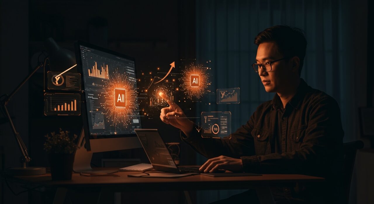 Customer Success Engineer en IA trabajando remotamente con interfaces holográficas, simbolizando migración de datos y tecnología startup de Stardex y Y Combinator.