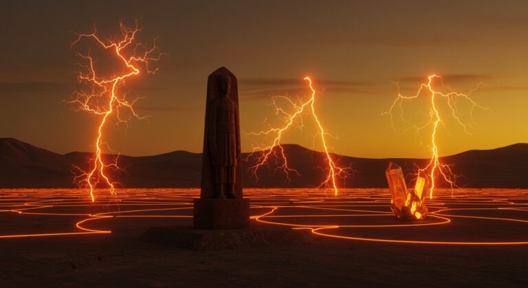 Réplica del plinto de Baquedano en Salar de Maricunga con metáforas visuales de minerales críticos y transición energética en Atacama.