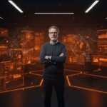 Fundador tecnológico en sala futurista con hologramas de ciberseguridad y 5G, simbolizando innovación y adaptabilidad en startups.