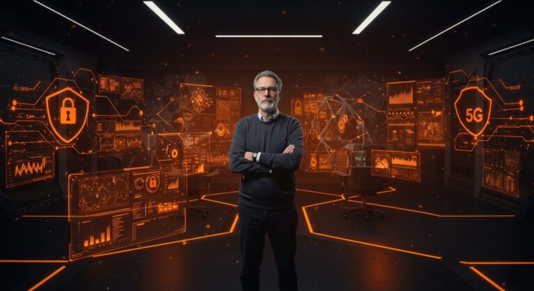 Fundador tecnológico en sala futurista con hologramas de ciberseguridad y 5G, simbolizando innovación y adaptabilidad en startups.