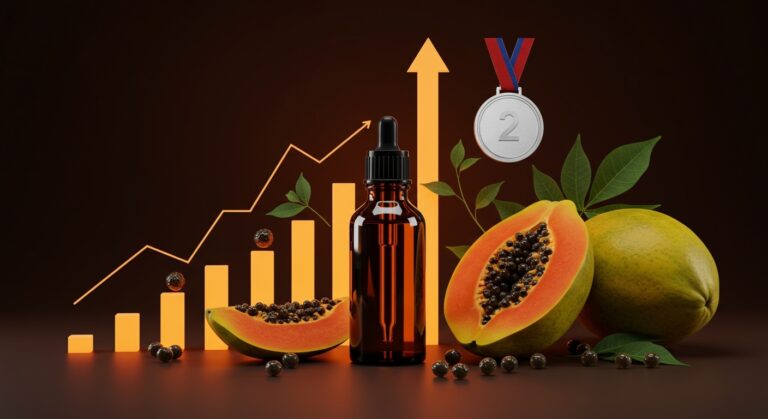 Aceite de semillas de papaya de la startup chilena Elquimia, premiado con medalla de plata en los Universal Beauty Awards 2026, destacando innovación en cosmética natural.