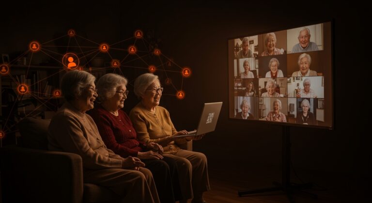 Startup española Maximiliana facilitando videollamada inclusiva para personas mayores centenarias con tecnología innovadora.