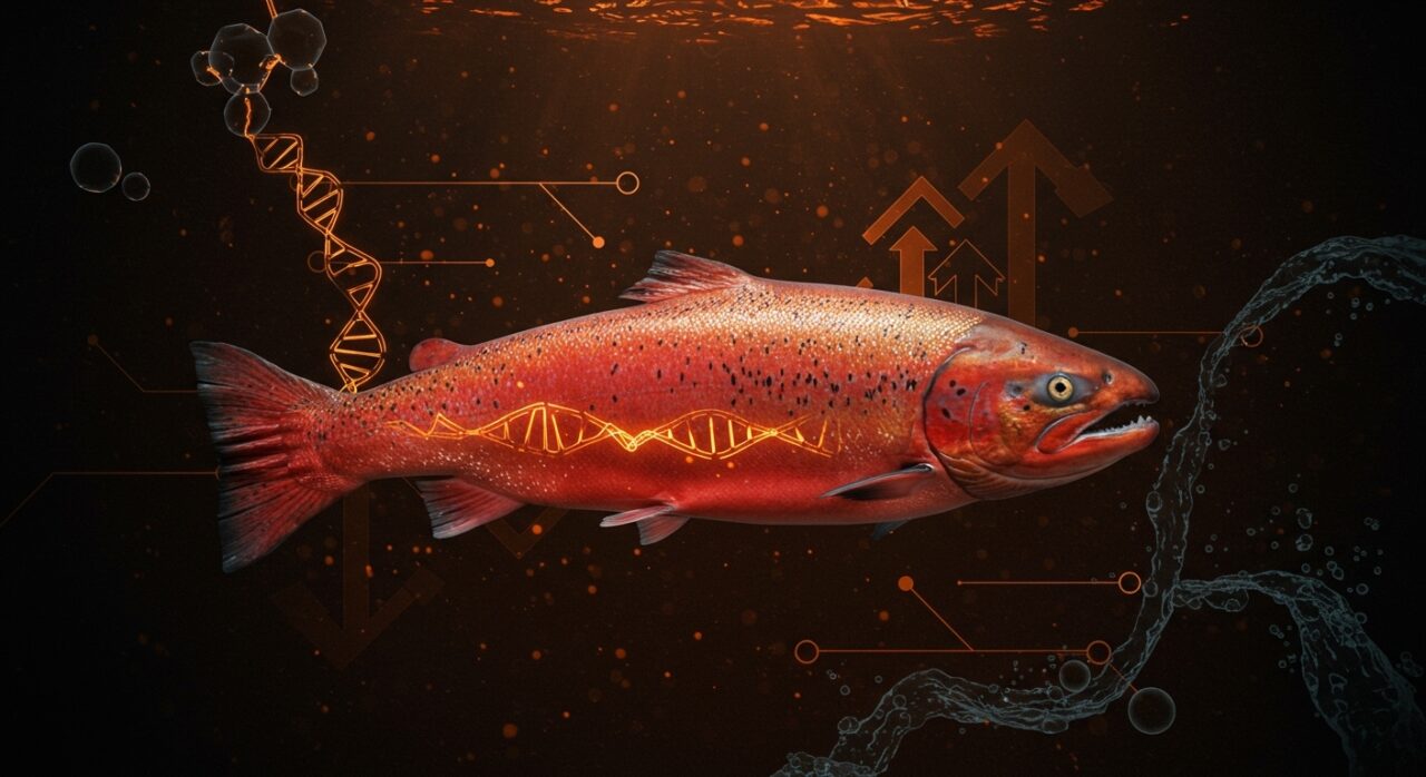 Salmón cherry de 4 kg cultivado con biotecnología avanzada en acuicultura sostenible por startup japonesa.