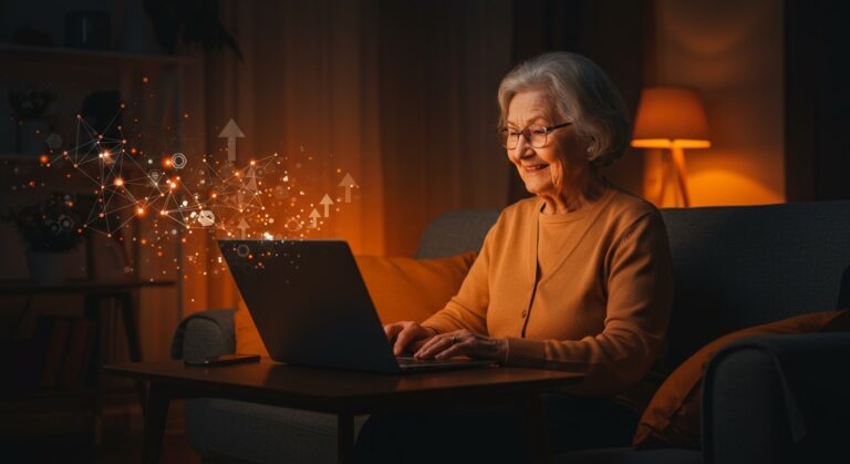 Persona centenaria usando tecnología digital rompiendo la brecha digital con inclusión tecnológica para mayores en startup Maximiliana.