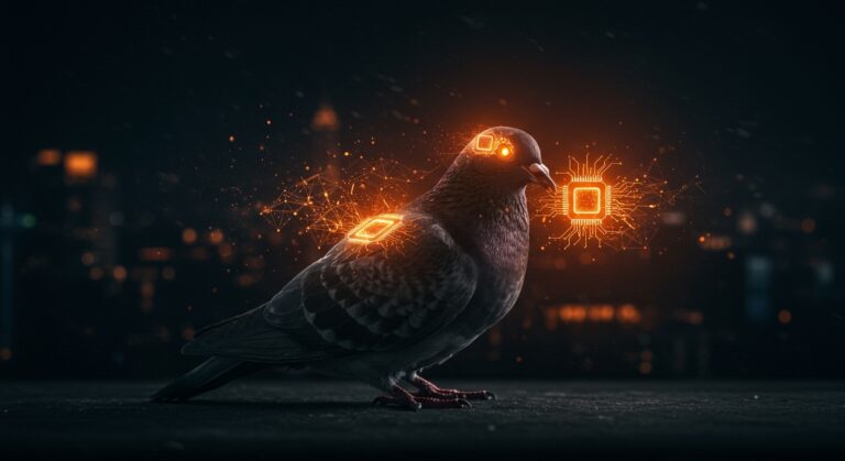 Pájaro con chip cerebral implantado mostrando neurotecnología y control remoto en startup rusa Neiry con enfoque en ética tecnológica.