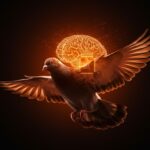 Paloma con implantes cibernéticos representando drones biológicos y neurotecnología en startup de biotecnología e IA.