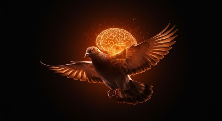 Paloma con implantes cibernéticos representando drones biológicos y neurotecnología en startup de biotecnología e IA.