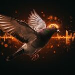 Paloma en vuelo con chip interfaz cerebro-computadora implantado, simbolizando innovación disruptiva en neurotecnología y startups biotech con enfoque ético.