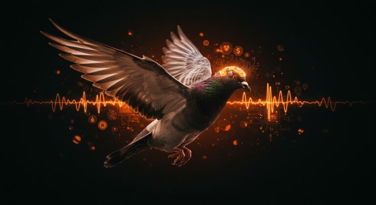 Paloma en vuelo con chip interfaz cerebro-computadora implantado, simbolizando innovación disruptiva en neurotecnología y startups biotech con enfoque ético.