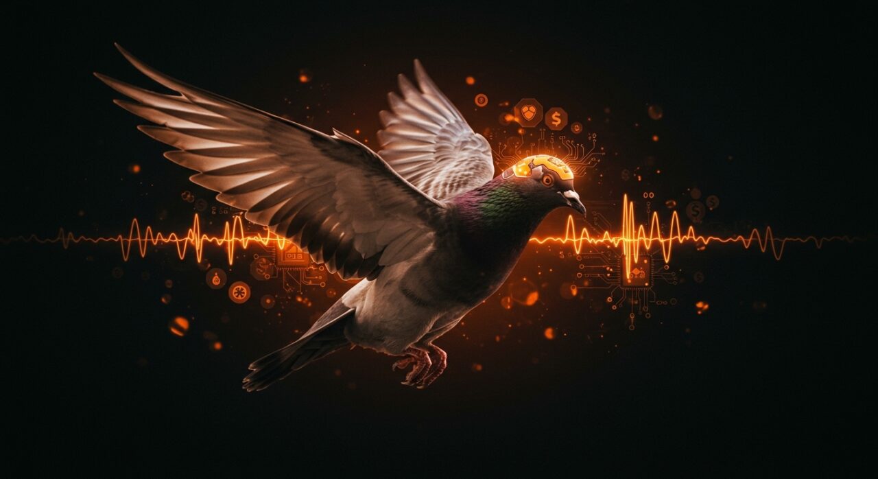 Paloma en vuelo con chip interfaz cerebro-computadora implantado, simbolizando innovación disruptiva en neurotecnología y startups biotech con enfoque ético.
