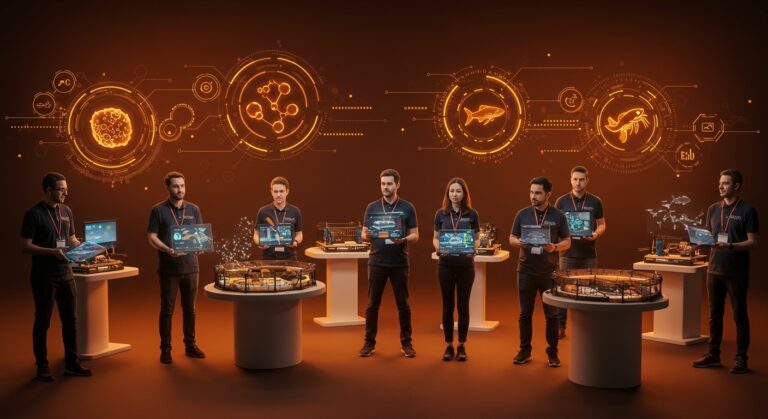 Ocho startups de acuicultura presentando soluciones innovadoras en biotecnología, automatización y economía circular para la industria de productos del mar.