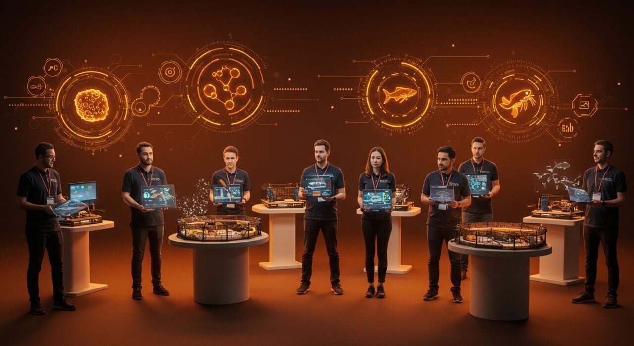 Ocho startups de acuicultura presentando soluciones innovadoras en biotecnología, automatización y economía circular para la industria de productos del mar.