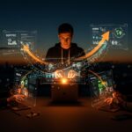 Tres startups del Biobío colaborando con hologramas tecnológicos que simbolizan innovación y aceleración en Start-Up Chile BIG 11.