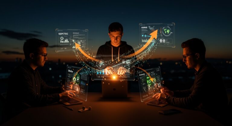 Tres startups del Biobío colaborando con hologramas tecnológicos que simbolizan innovación y aceleración en Start-Up Chile BIG 11.