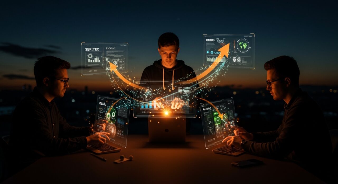 Tres startups del Biobío colaborando con hologramas tecnológicos que simbolizan innovación y aceleración en Start-Up Chile BIG 11.