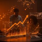 Startup de IA recibiendo inversión millonaria en un entorno tecnológico moderno con gráficos digitales y redes neuronales en tonos naranja y negro.