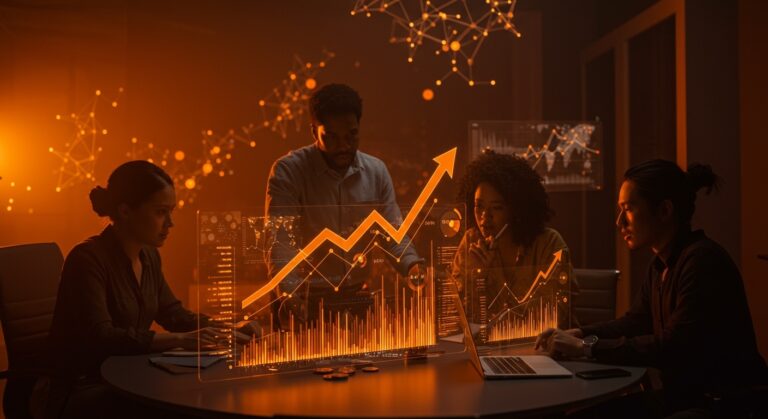 Startup de IA recibiendo inversión millonaria en un entorno tecnológico moderno con gráficos digitales y redes neuronales en tonos naranja y negro.