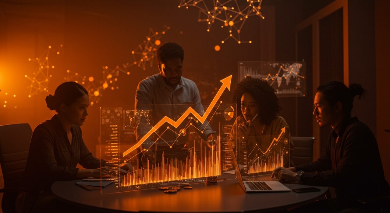 Startup de IA recibiendo inversión millonaria en un entorno tecnológico moderno con gráficos digitales y redes neuronales en tonos naranja y negro.