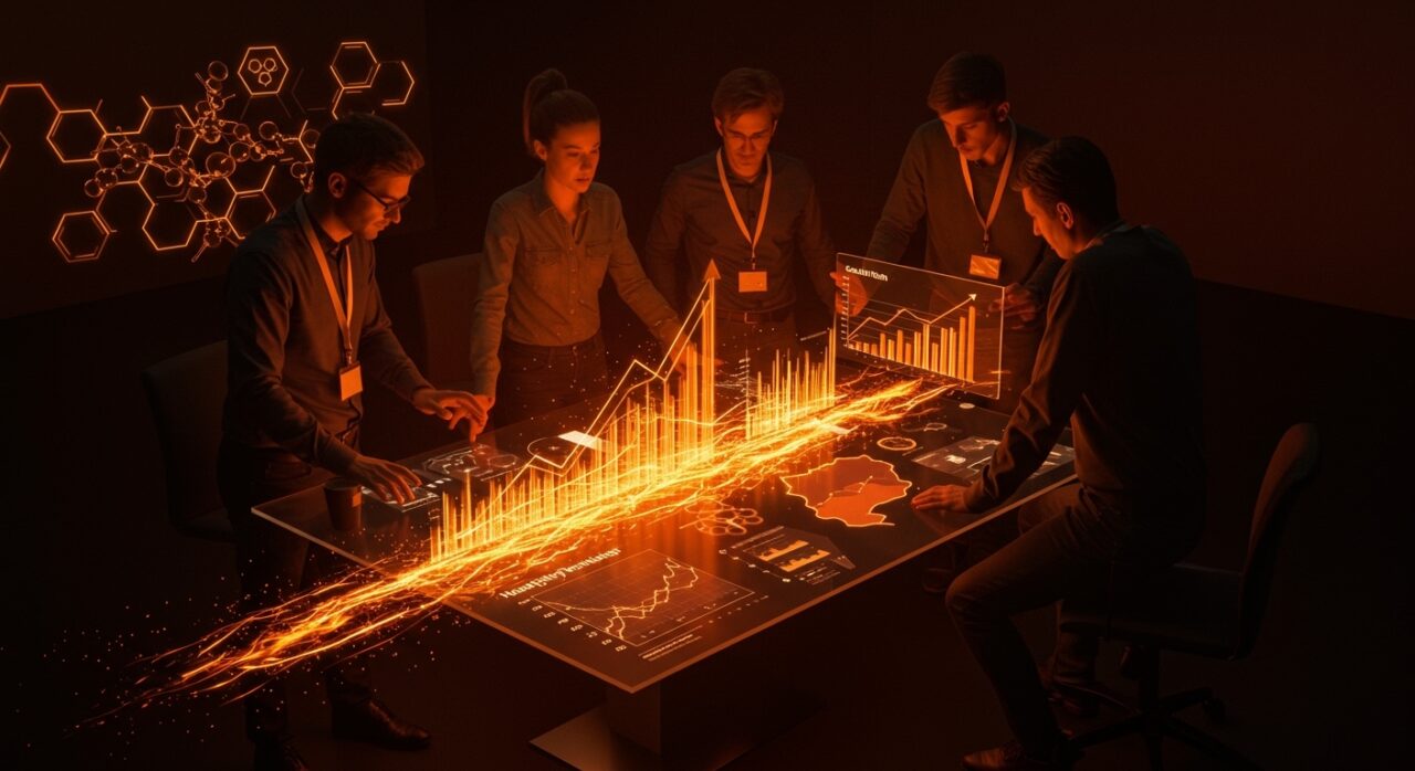 Startups de salud en Cataluña colaborando frente a gráficos digitales que representan inversión récord en el sector healthtech 2025.