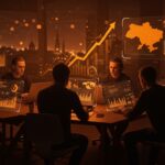 Equipo de startups ucranianas mostrando crecimiento resiliente y colaboración tecnológica en un ambiente de innovación durante crisis.