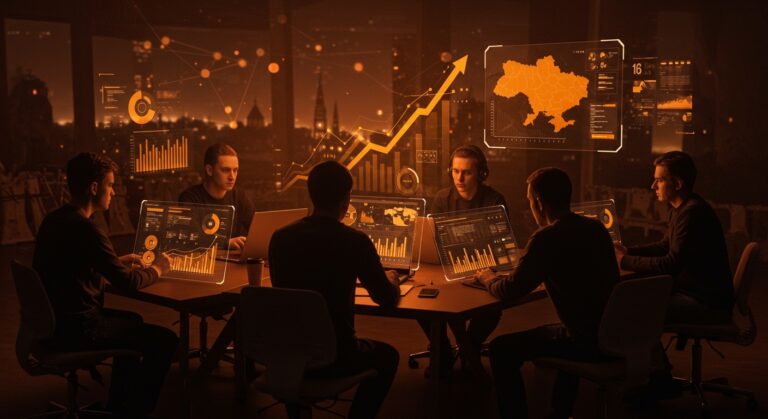 Equipo de startups ucranianas mostrando crecimiento resiliente y colaboración tecnológica en un ambiente de innovación durante crisis.