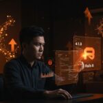 Desarrollador de software trabajando con interfaces holográficas que representan Ruby 4.0, Rails 8 y seguridad en RubyGems, destacando innovación tecnológica para startups en 2026.