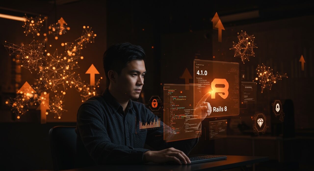Desarrollador de software trabajando con interfaces holográficas que representan Ruby 4.0, Rails 8 y seguridad en RubyGems, destacando innovación tecnológica para startups en 2026.
