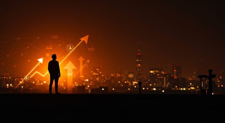 Silueta de founder contemplando una ciudad futurista en tonos naranja y negro, simbolizando las lecciones de Steve Jobs sobre resiliencia e innovación para emprendedores.