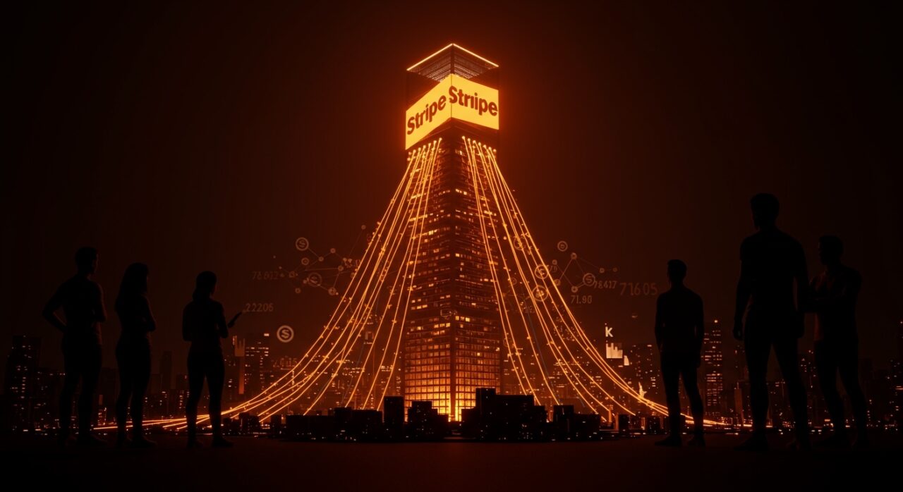 Visualización de la valuación de Stripe alcanzando $159 mil millones con metáforas de inversión fintech y crecimiento de startups en paleta naranja y negro.