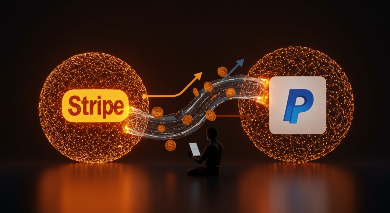 Análisis de la potencial adquisición de PayPal por Stripe mostrando una conexión digital y crecimiento en fintech para founders de startups.