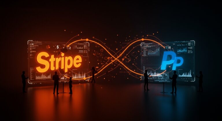Visual conceptual de la posible adquisición de PayPal por Stripe, destacando la innovación fintech y estrategias para founders en el ecosistema startup.