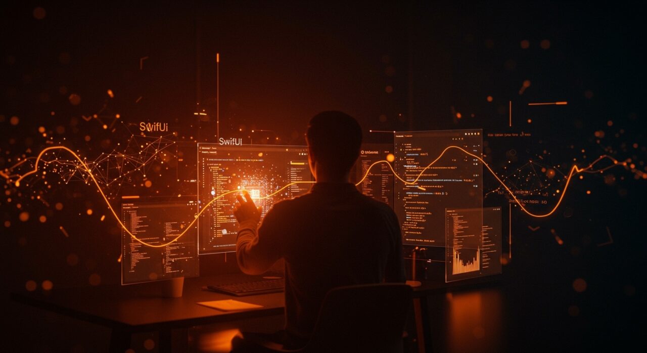 Desarrollador iOS usando inteligencia artificial para optimizar y refactorizar código SwiftUI en un entorno digital de alta tecnología.