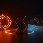 Founder de startup frente a caminos de diseño iterativo y Big Design Up Front con metáforas visuales de escalabilidad y arquitectura de software en paleta Ecosistema Startup.