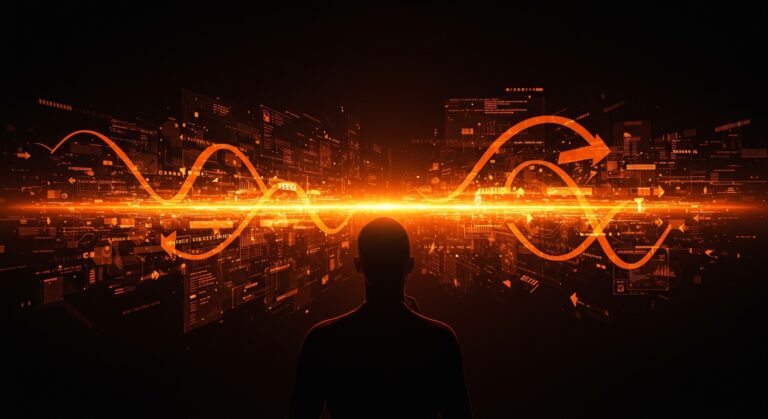 Fundador de startup contemplando un paisaje digital que representa las promesas y realidades económicas en tecnología, low-code y automatización.