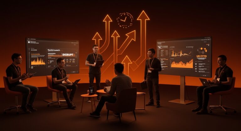 Emprendedores e inversores conectando en TechCrunch Disrupt 2026 con elementos visuales que representan crecimiento y descuento en tickets.