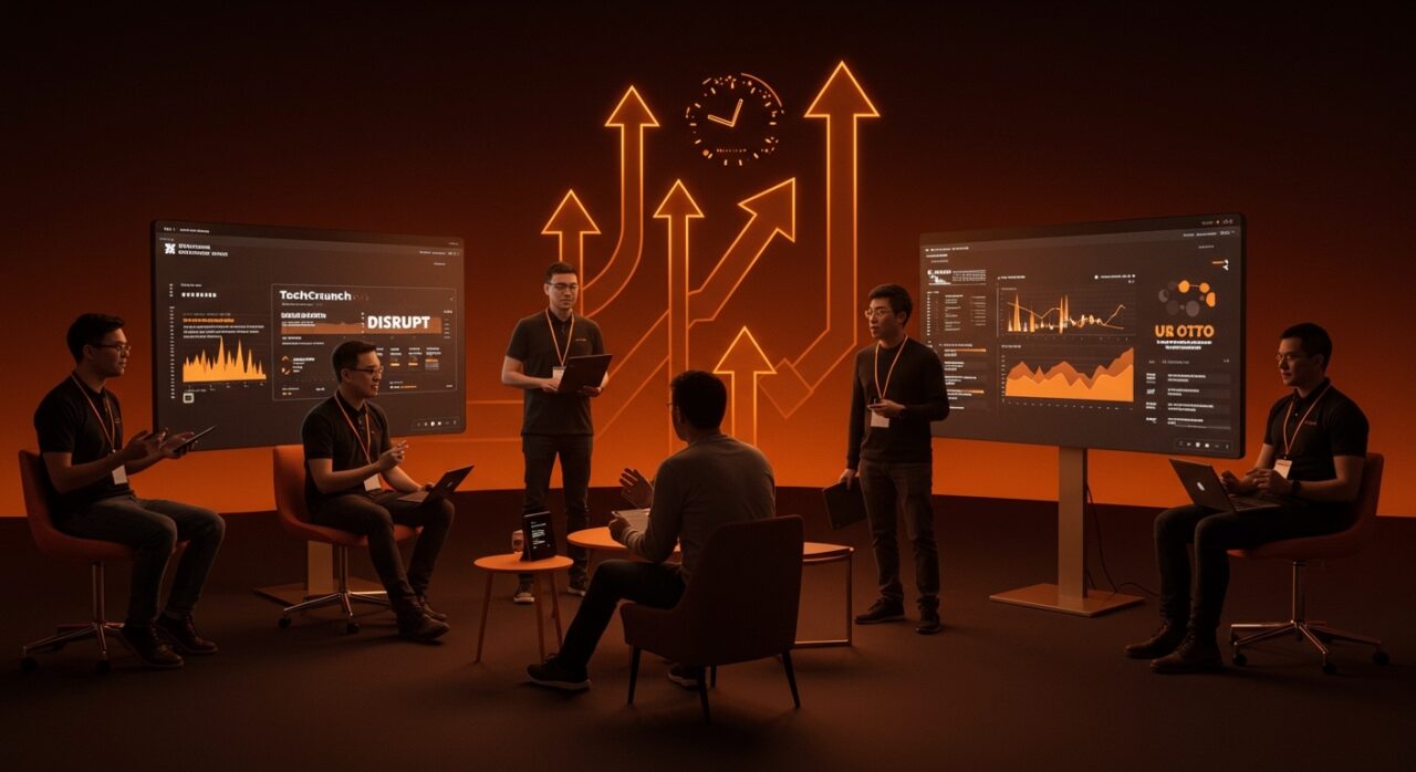 Emprendedores e inversores conectando en TechCrunch Disrupt 2026 con elementos visuales que representan crecimiento y descuento en tickets.
