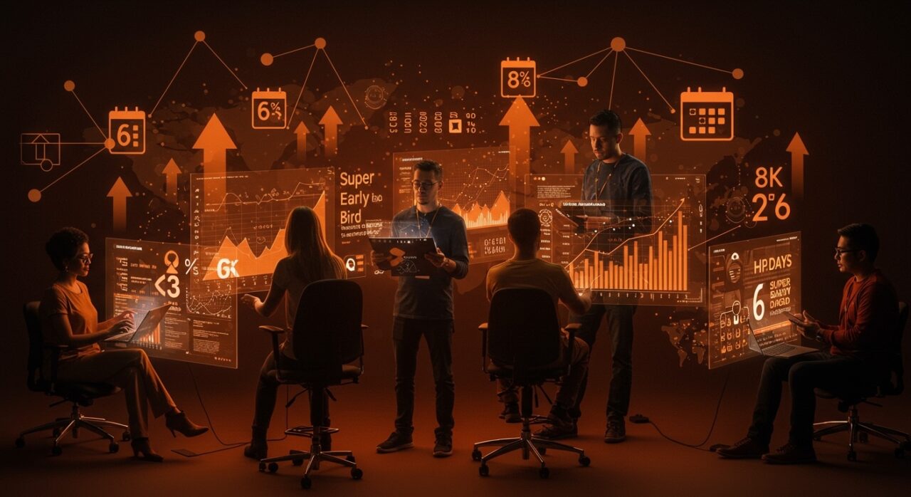 Fundadores tecnológicos colaborando frente a pantallas holográficas con cuenta regresiva para TechCrunch Disrupt 2026, destacando descuento exclusivo y oportunidad para startups.