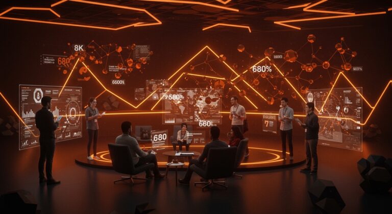 Networking de founders y startups en TechCrunch Disrupt 2026, con metáforas visuales de innovación tecnológica y comunidad emprendedora.