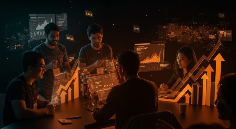 Fundadores tecnológicos colaborando en un entorno futurista durante TechCrunch Disrupt 2026 con descuentos para startups y networking tech.