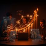 Fundadores tech hispanos colaborando en evento TechCrunch Disrupt con metáforas visuales de crecimiento y descuentos exclusivos.