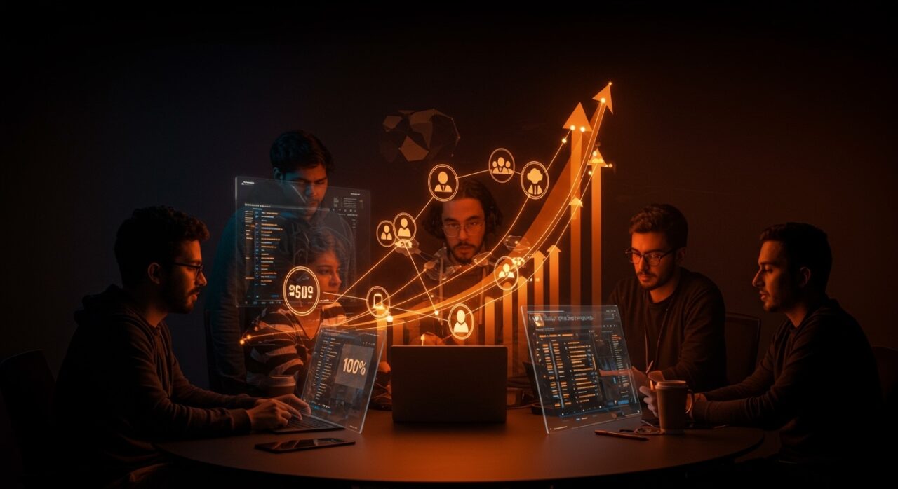 Fundadores tech hispanos colaborando en evento TechCrunch Disrupt con metáforas visuales de crecimiento y descuentos exclusivos.