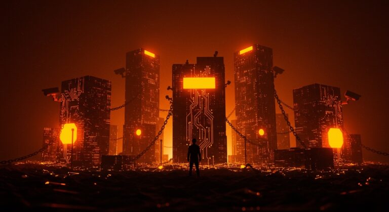 Ilustración de tecnofeudalismo con fundador de startup frente a fortalezas digitales que representan concentración de poder y vigilancia tecnológica en plataformas digitales.