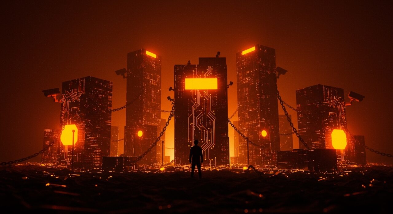 Ilustración de tecnofeudalismo con fundador de startup frente a fortalezas digitales que representan concentración de poder y vigilancia tecnológica en plataformas digitales.