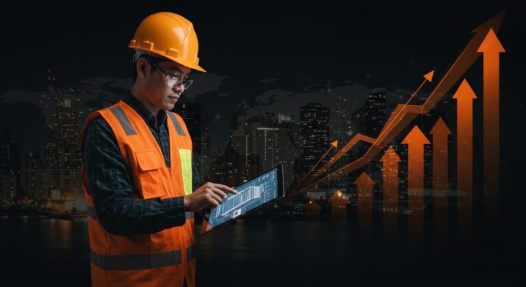 Profesional de construcción usando tecnología digital representando la capacitación online y la innovación de la startup edtech TEDI en Perú y Latinoamérica.