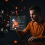 Founder tech interactuando con interfaz holográfica de bot Telegram serverless usando Cloudflare Workers y Durable Objects.